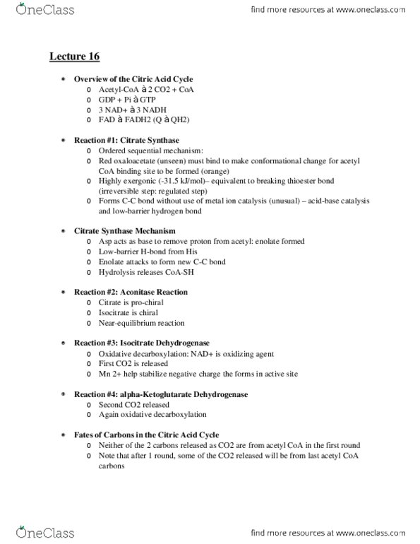 CAS CH 273 Lecture Notes - Lecture 16: Citric Acid Cycle, Acetyl-Coa, Prochirality thumbnail