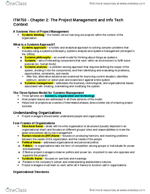 ITM 750 Lecture Notes - Lecture 4: Systems Management, Project Management, Organizational Chart thumbnail