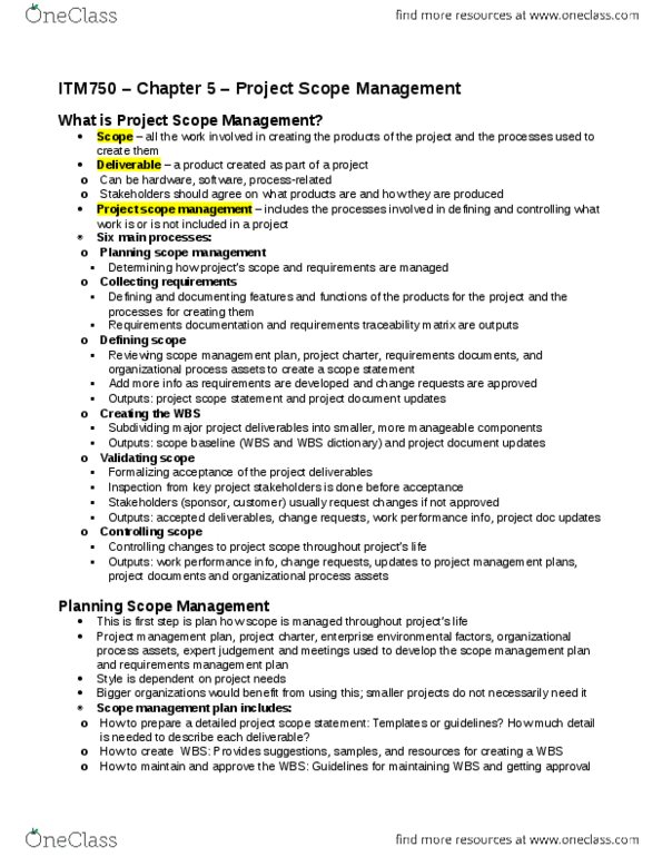 ITM 750 Lecture Notes - Lecture 5: Project Plan, Scope Statement, Project Management Software thumbnail