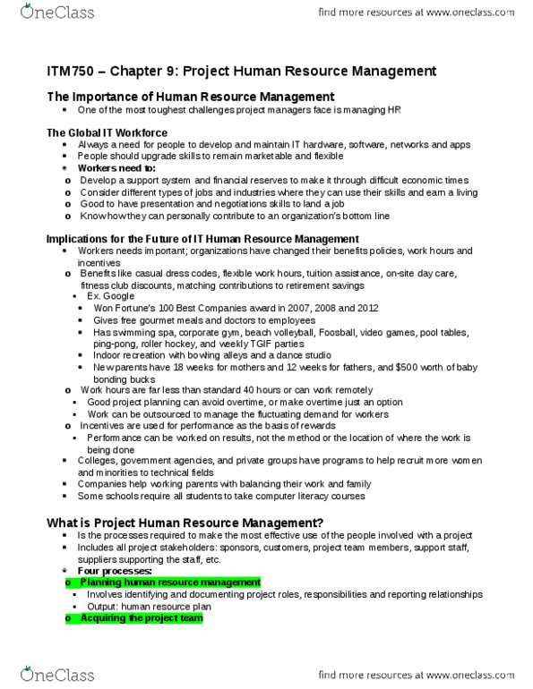 ITM 750 Lecture Notes - Lecture 10: Project Plan, Human Resource Management, Project Management Software thumbnail