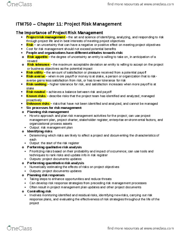 ITM 750 Lecture Notes - Lecture 11: Project Risk Management, Project Plan, Risk Aversion thumbnail