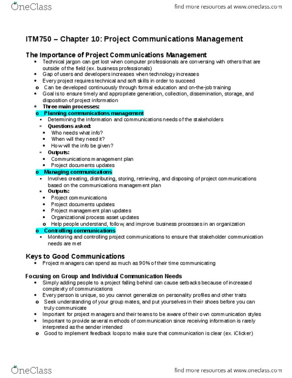 ITM 750 Lecture Notes - Lecture 11: Project Plan, Communications Management, Project Stakeholder thumbnail