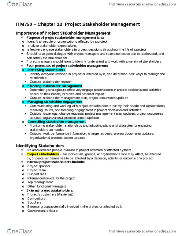 ITM 750 Lecture Notes - Lecture 13: Project Plan, Project Stakeholder, Stakeholder Management thumbnail