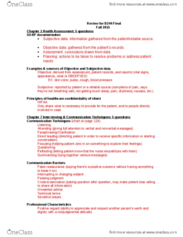 NURS-B 244 Lecture Notes - Lecture 16: Health Insurance Portability And Accountability Act, Chronic Pain, Lymphadenopathy thumbnail