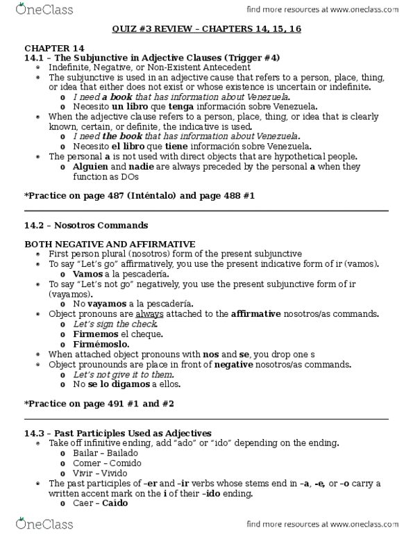 SPA 1412 Chapter Notes - Chapter 14-16: Infinitive, Volver, Futuro thumbnail