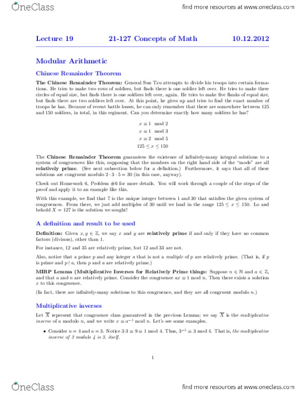 21127 Lecture Notes - Lecture 19: Modular Arithmetic, Burh, Tzu thumbnail