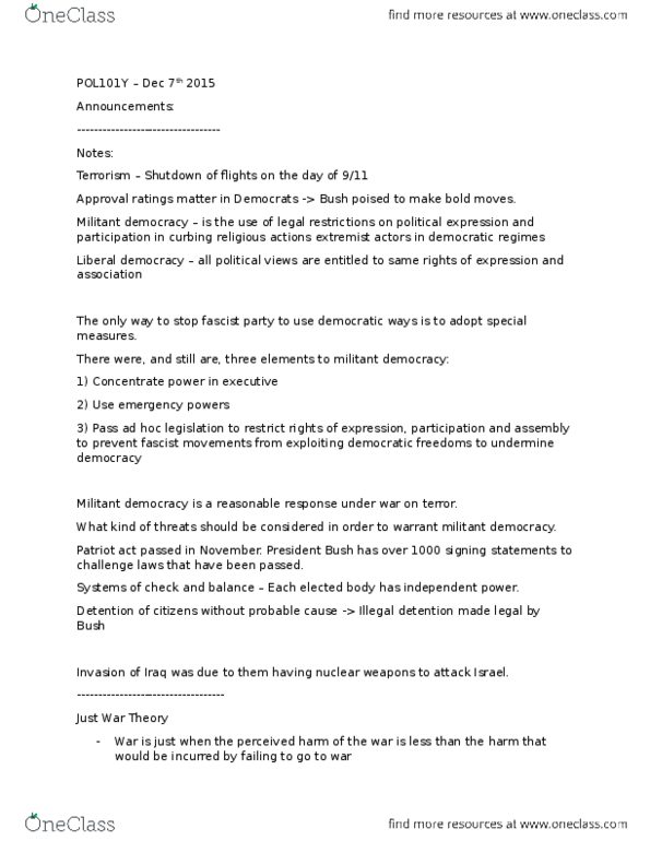 POL101Y1 Lecture Notes - Lecture 11: Liberal Democracy, Just War Theory thumbnail