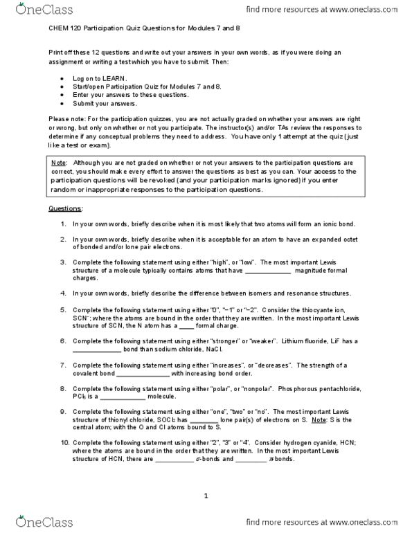 CHEM120 Lecture Notes - Lecture 7: Formal Charge, Lewis Structure, Bond Order thumbnail