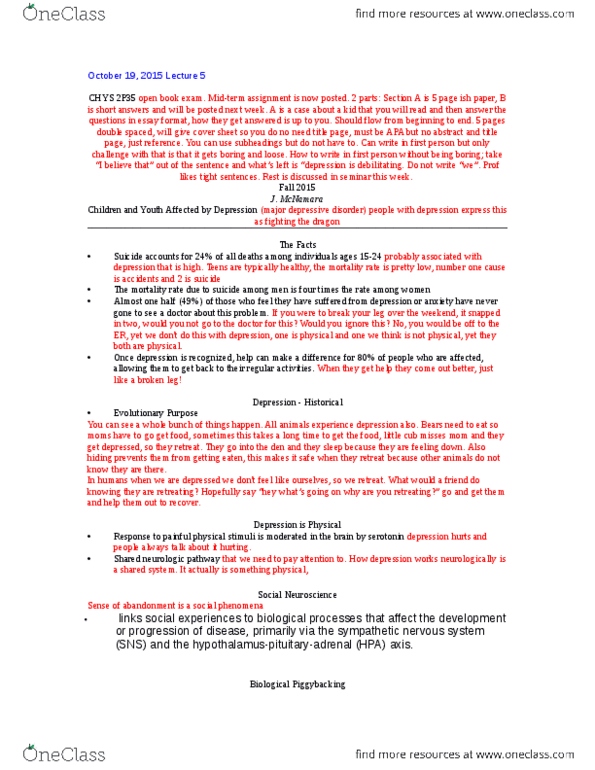 CHYS 2P35 Lecture Notes - Lecture 5: Pain Scale, Sertraline, Major Depressive Episode thumbnail