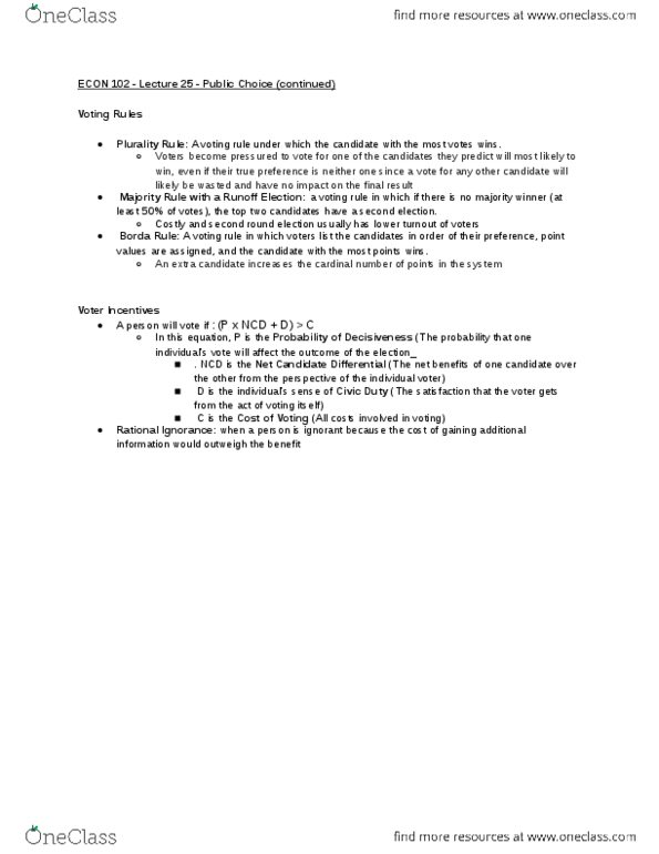 ECON 102 Lecture Notes - Lecture 25: Plurality Voting System thumbnail