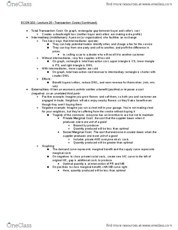 ECON 102 Lecture Notes - Lecture 20: Transaction Cost, Deadweight Loss, Externality thumbnail