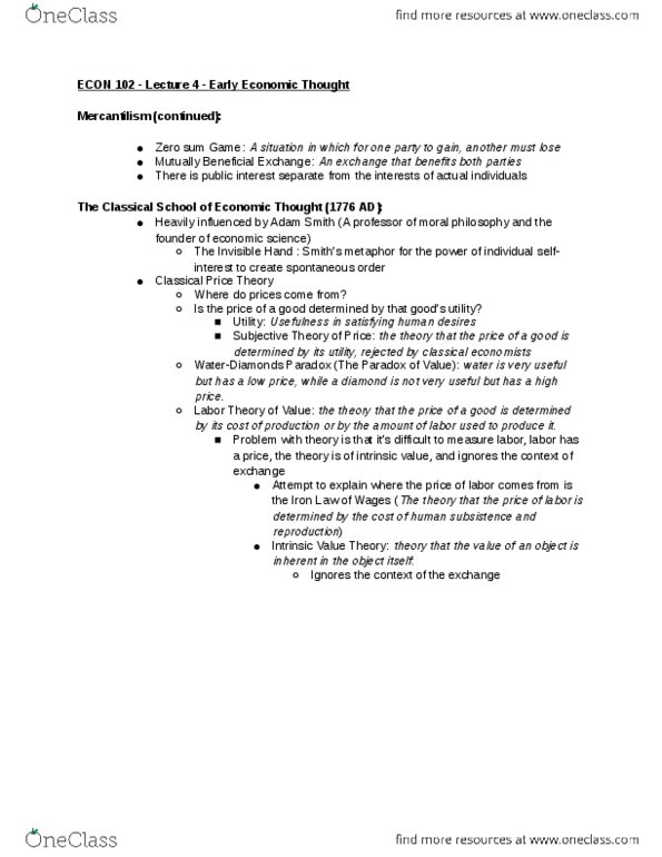 ECON 102 Lecture Notes - Lecture 4: Spontaneous Order, Zero-Sum Game, Mercantilism thumbnail