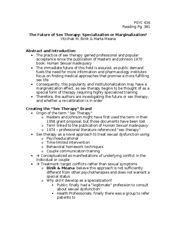 PSYC 436 Chapter Notes -Masters And Johnson, The Sensuous Woman, Sex Therapy thumbnail