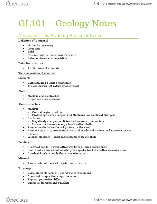 GL101 Lecture Notes - Lecture 7: Mohs Scale Of Mineral Hardness, Valence Electron, Crystal Habit thumbnail