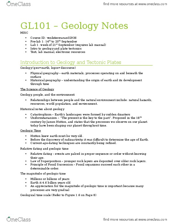 GL101 Lecture Notes - Lecture 1: Geologic Time Scale, Plate Tectonics, Historical Geography thumbnail