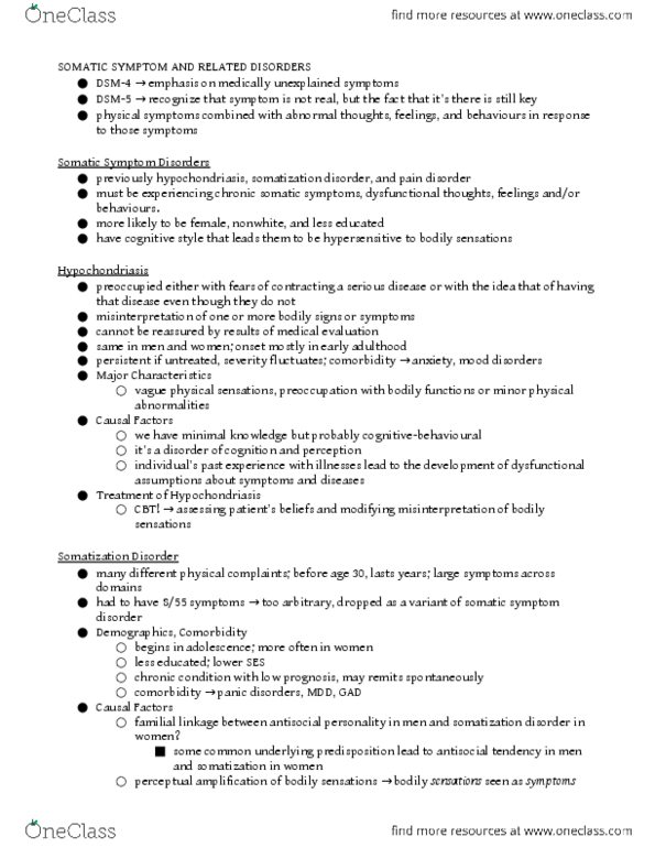 PSYC 300 Chapter Notes - Chapter 8: Somatic Symptom Disorder, Somatization Disorder, Hypochondriasis thumbnail