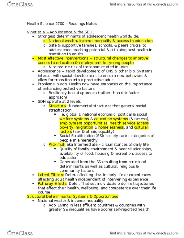 Health Sciences 2700A/B Lecture Notes - Lecture 1: National Wealth, Non-Communicable Disease, Social Stratification thumbnail