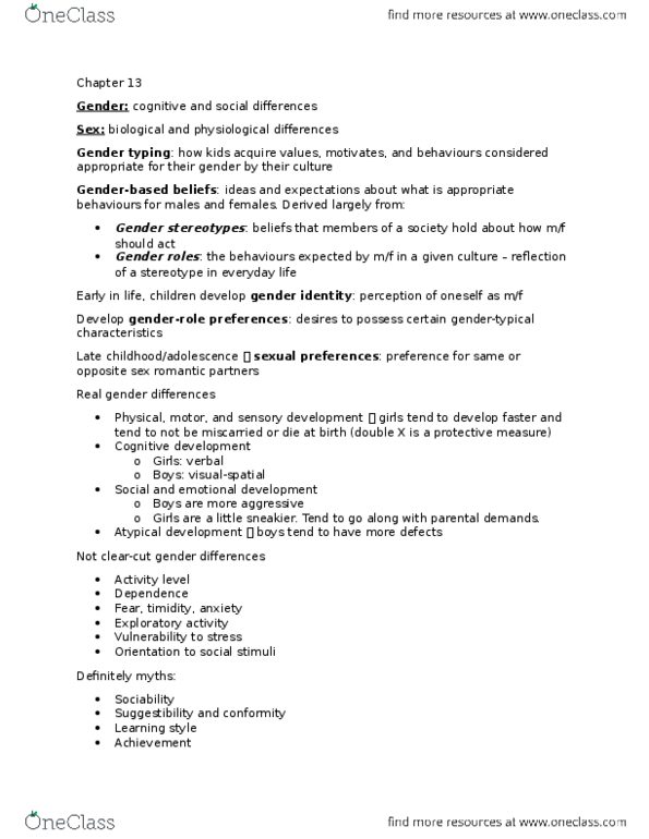 PSYB32H3 Chapter Notes - Chapter 13: Gender Role, Cognitive Development, Suggestibility thumbnail