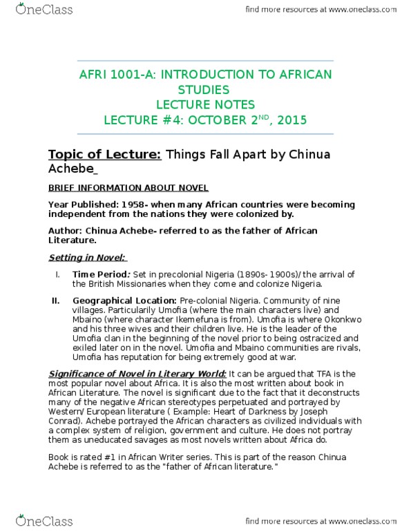 AFRI 1001 Lecture Notes - Lecture 4: African Literature, Chinua Achebe, African Studies thumbnail