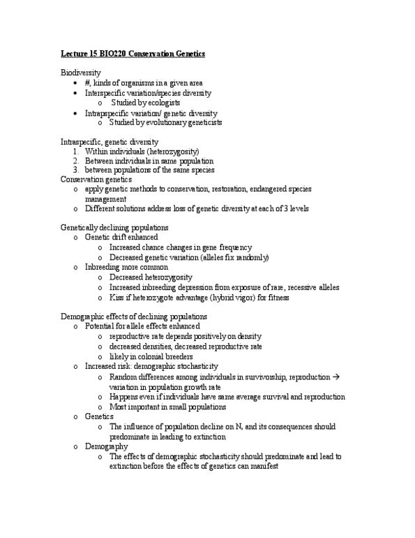 BIO220H1 Lecture Notes - Lecture 15: Conservation Genetics, Inbreeding Depression, Depauperate Ecosystem thumbnail