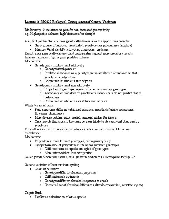 BIO220H1 Lecture Notes - Lecture 16: Polyculture, Genetic Variation, Species Richness thumbnail