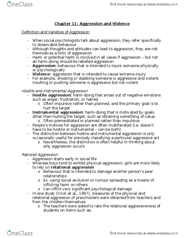 Psychology 2070A/B Chapter Notes - Chapter 11: Relational Aggression, Demand Characteristics, Narcissism thumbnail