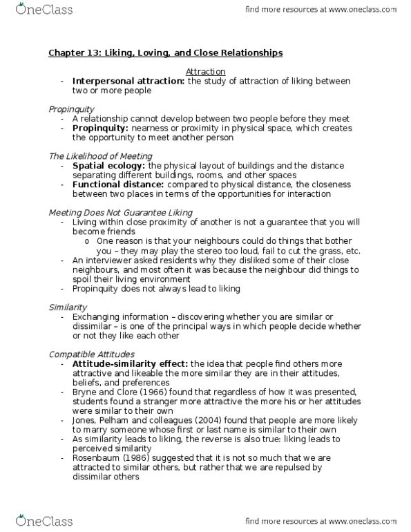 Psychology 2070A/B Chapter Notes - Chapter 13: Interpersonal Attraction, Spatial Ecology, Storge thumbnail