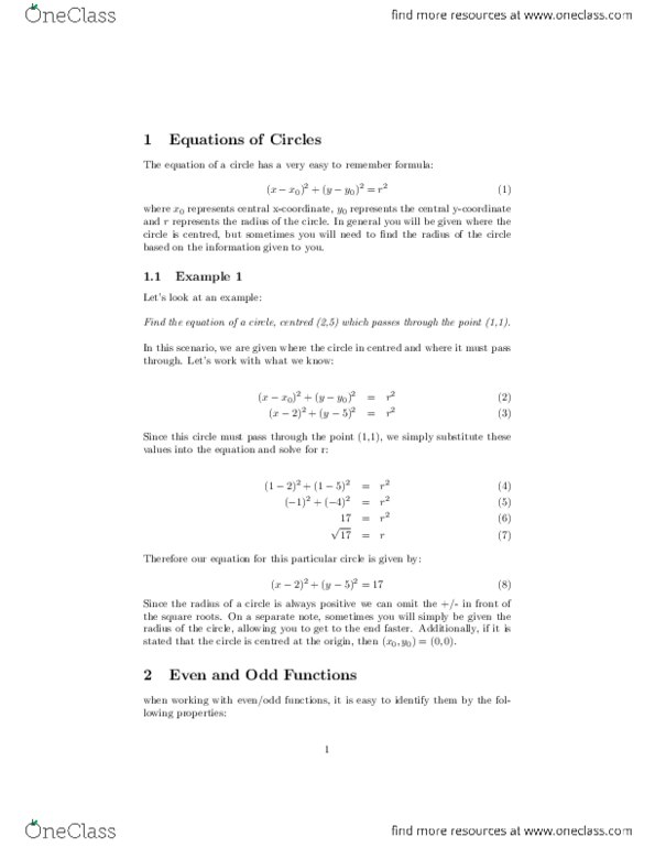 MATH117 Lecture Notes - Lecture 10: Algebraic Function, Even And Odd Functions thumbnail