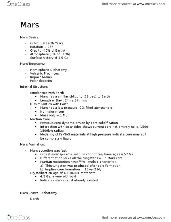 EASC 108 Lecture Notes - Lecture 11: Martian Meteorite, Allan Hills 84001, Tungsten thumbnail