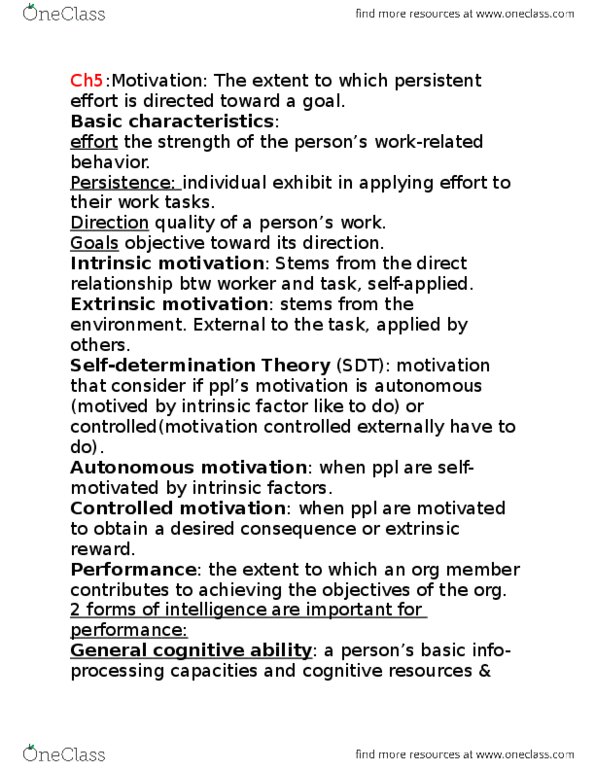 MGT262H5 Lecture Notes - Lecture 5: Motivation, Intrinsic Factor, Expectancy Theory thumbnail