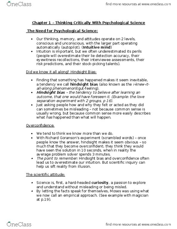 ANP 1105 Lecture Notes - Lecture 2: Hindsight Bias, Lie Detection, Psychological Science thumbnail