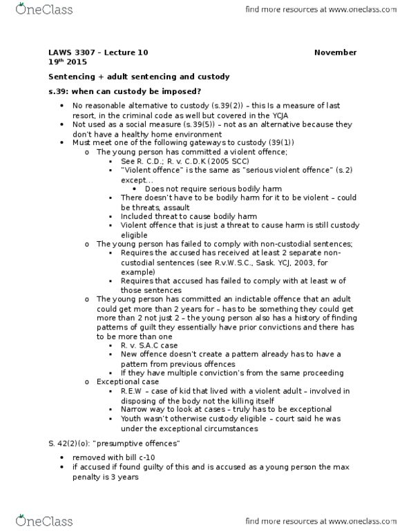 LAWS 3307 Lecture Notes - Lecture 10: Aggravated Sexual Assault, Indictable Offence, Juvenile Court thumbnail