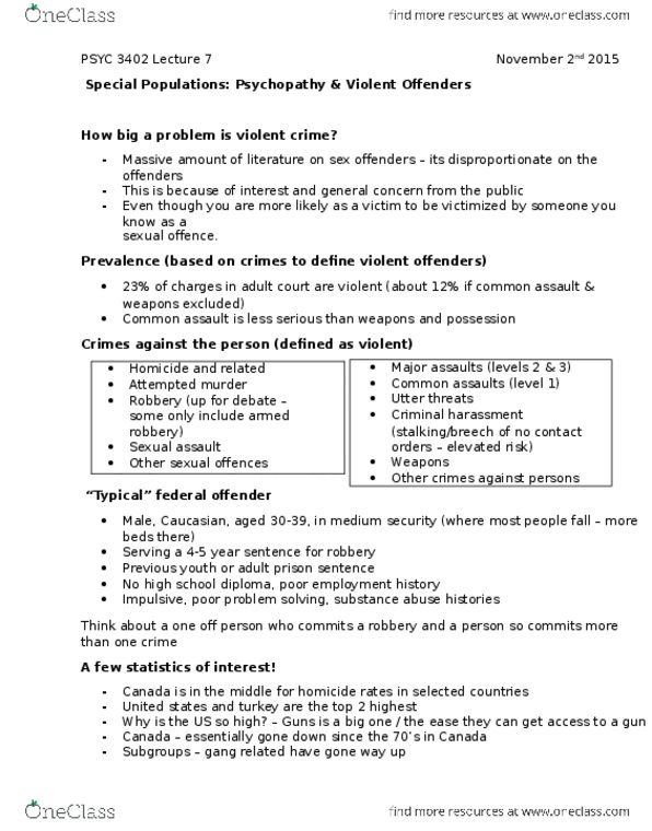 PSYC 3402 Lecture Notes - Lecture 7: Antisocial Personality Disorder, Sexual Assault, Psychopathy thumbnail