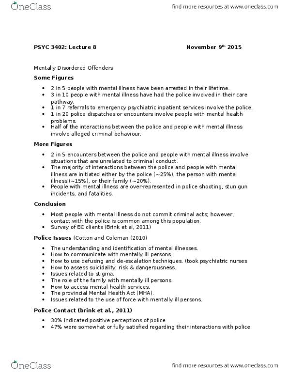 PSYC 3402 Lecture Notes - Lecture 8: Clinical Pathway, Dangerous Offender, Mental Disorder thumbnail