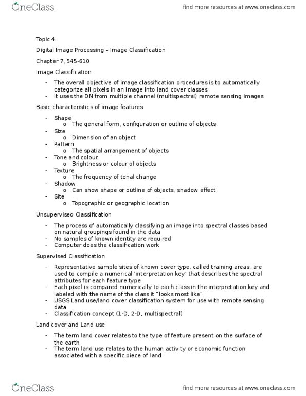 Geography 2230A/B Lecture Notes - Lecture 4: Digital Image Processing, Unsupervised Learning, Multispectral Image thumbnail