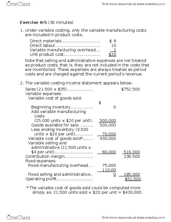 ADM 2341 Lecture Notes - Lecture 8: Contribution Margin, Variable Cost, Income Statement thumbnail