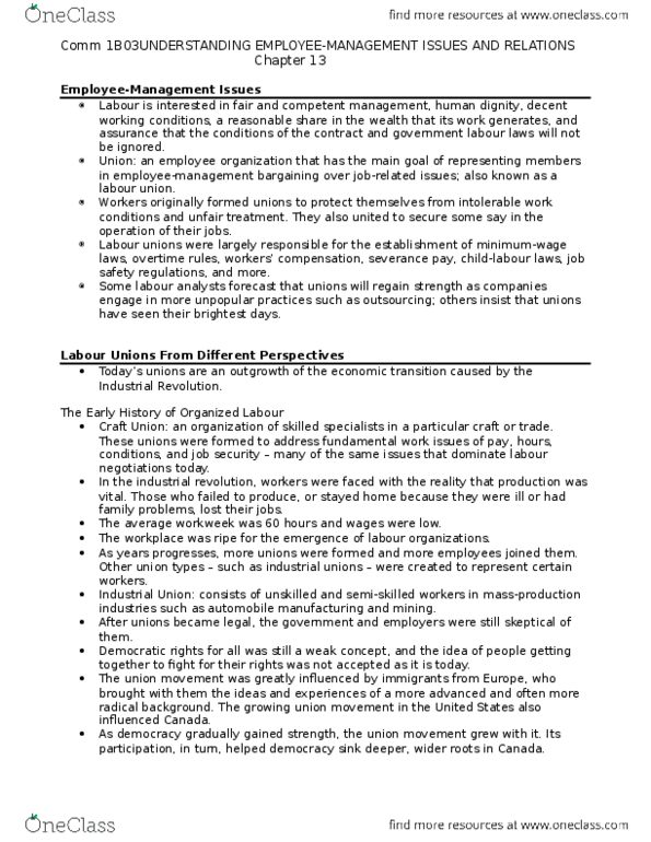 COMMERCE 1B03 Chapter Notes - Chapter 13: Trade Union, Industrial Unionism, Industrial Revolution thumbnail