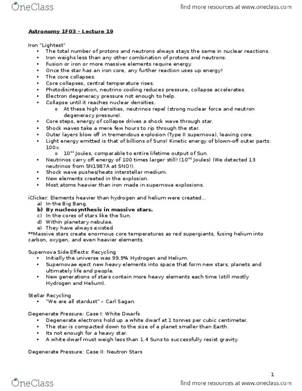 ASTRON 1F03 Lecture Notes - Lecture 19: Degenerate Matter, Photodisintegration, Sn 1987A thumbnail