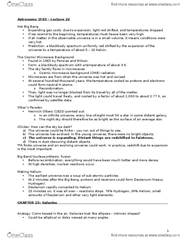 ASTRON 1F03 Lecture Notes - Lecture 22: Heinrich Wilhelm Matthias Olbers, Cosmic Microwave Background, Elliptical Galaxy thumbnail