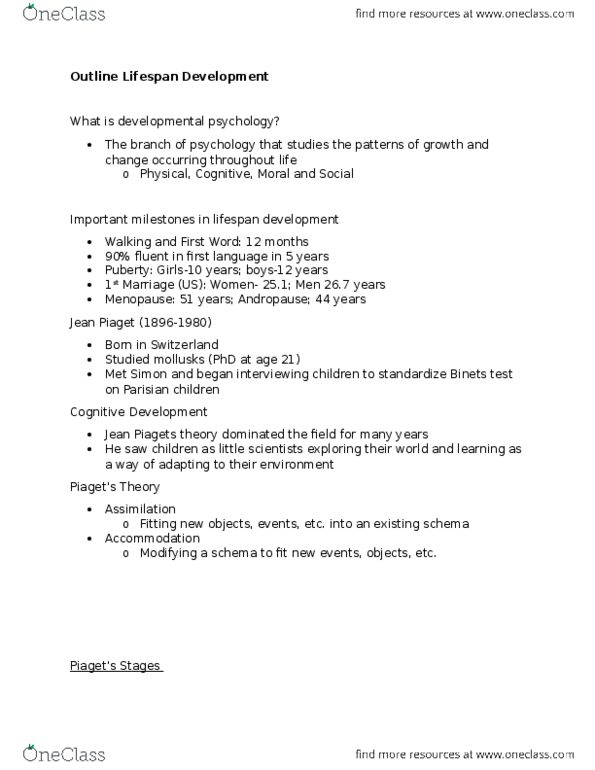 PSYC 2000 Lecture Notes - Lecture 10: Jean Piaget, Late-Onset Hypogonadism, Developmental Psychology thumbnail