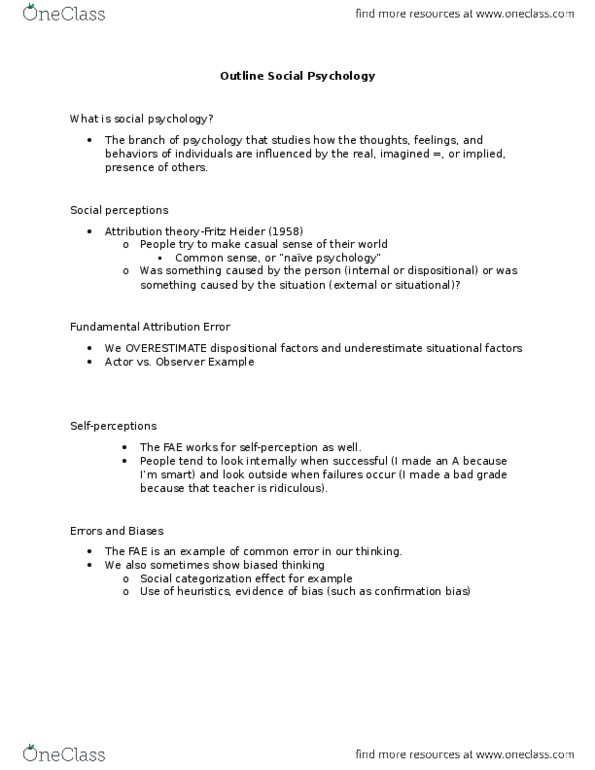 PSYC 2000 Lecture Notes - Lecture 13: Fundamental Attribution Error, Confirmation Bias, Social Influence thumbnail