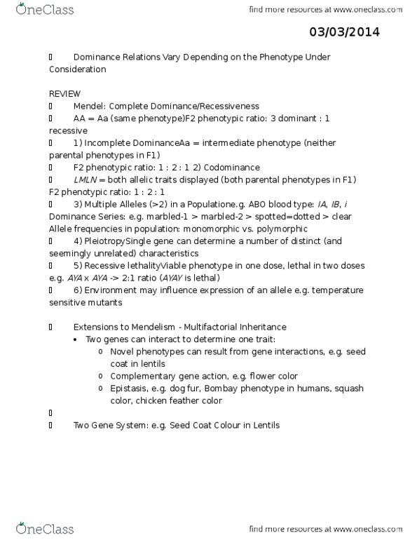 BIOL 2104 Lecture Notes - Lecture 10: Hh Blood Group, Abo Blood Group System, William Bateson thumbnail