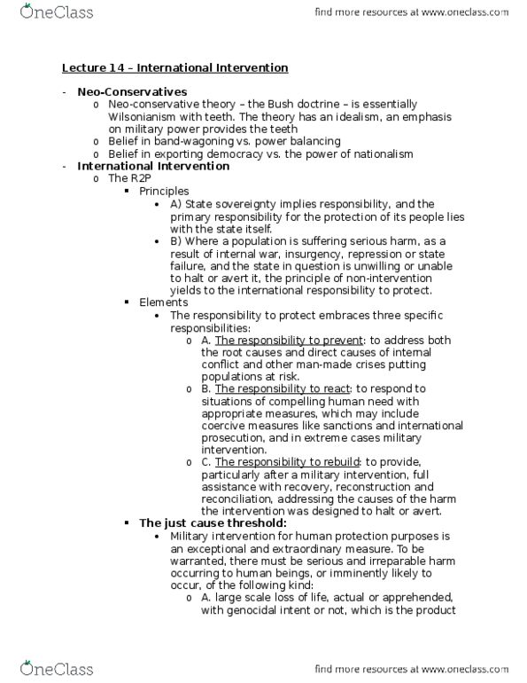 POL 2103 Lecture Notes - Lecture 14: Bush Doctrine, Wilsonianism, Neoconservatism thumbnail