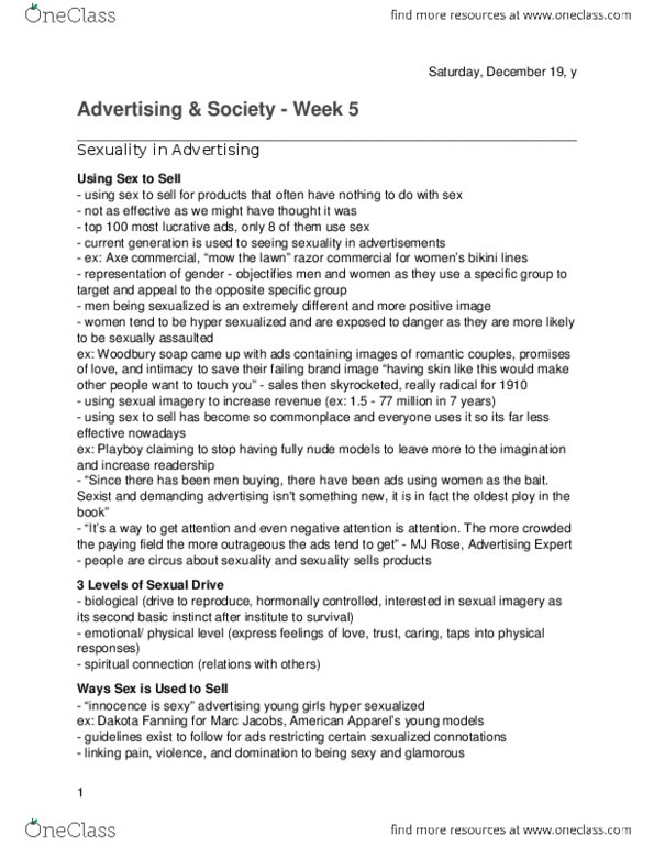 Sociology 2172A/B Lecture Notes - Lecture 5: Woodbury Soap Company, Sex In Advertising, American Family Association thumbnail