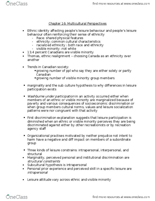 REC100 Chapter Notes - Chapter 16: Acculturation, Motivation, Visible Minority thumbnail