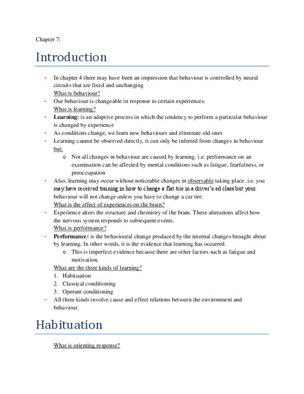 PSYA01H3 Chapter Notes - Chapter 7: Habituation, Salivary Gland, Orienting Response thumbnail