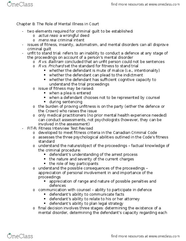 Psychology 2032A/B Chapter Notes - Chapter 8-15: Psychosis, Criminal Law Of Canada, Mental Disorder thumbnail