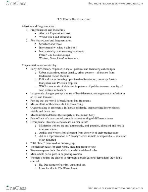 EN 1002 Lecture Notes - Lecture 7: Intertextuality, T. S. Eliot, Geoffrey Chaucer thumbnail