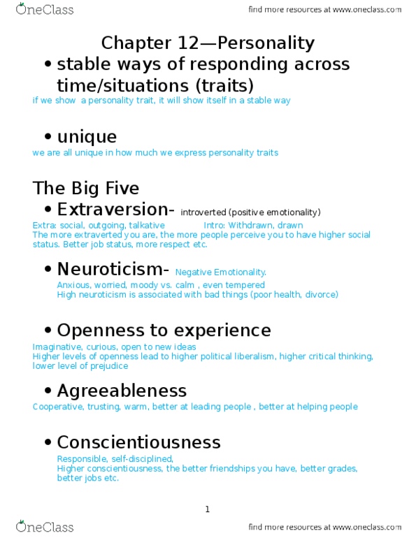 PS101 Lecture Notes - Lecture 12: Neuroticism, Conscientiousness, Trait Theory thumbnail