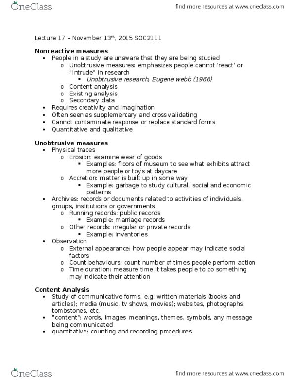 SOC 2111 Lecture Notes - Lecture 17: Marriage Records, Content Analysis, Software thumbnail